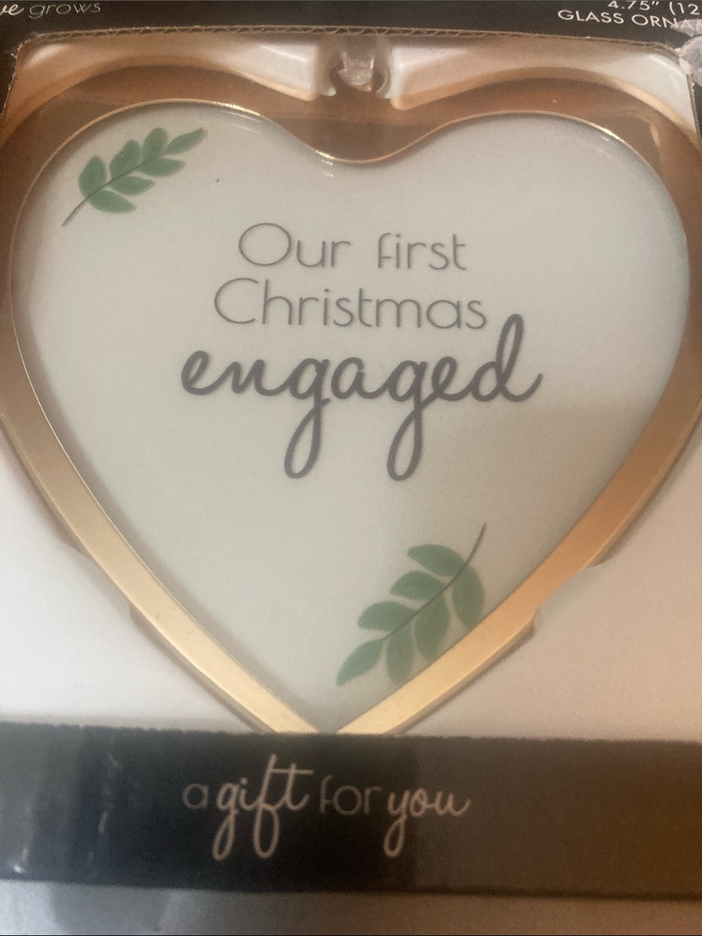 Heart-Shaped 'Our First Christmas Engaged' Ornament in Gold and White